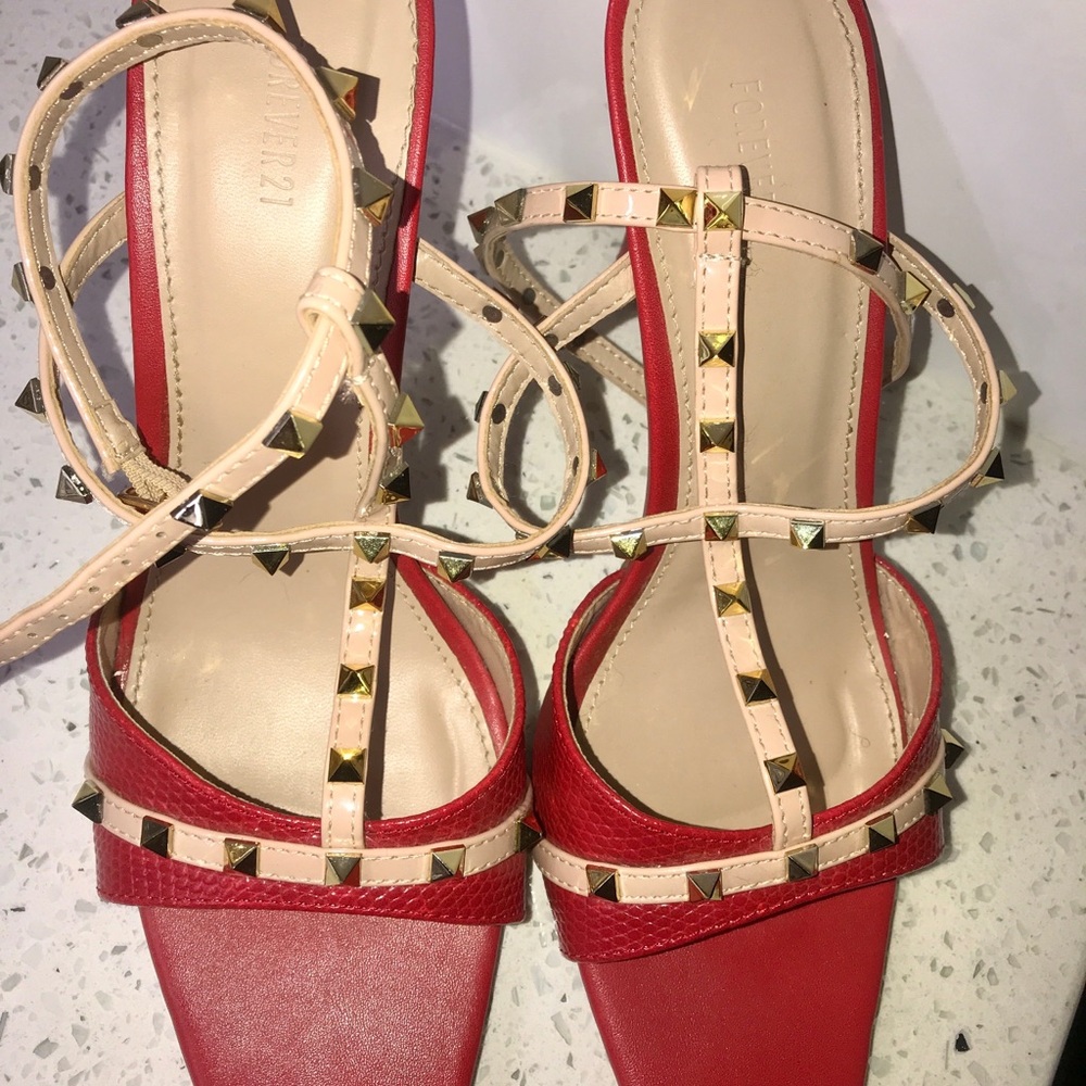 Red and Cream Heels with Gold Studs
